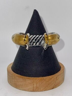 Amazing Vintage Textured Clear Glass Cuff Bracelet With Gold Bronze Accent